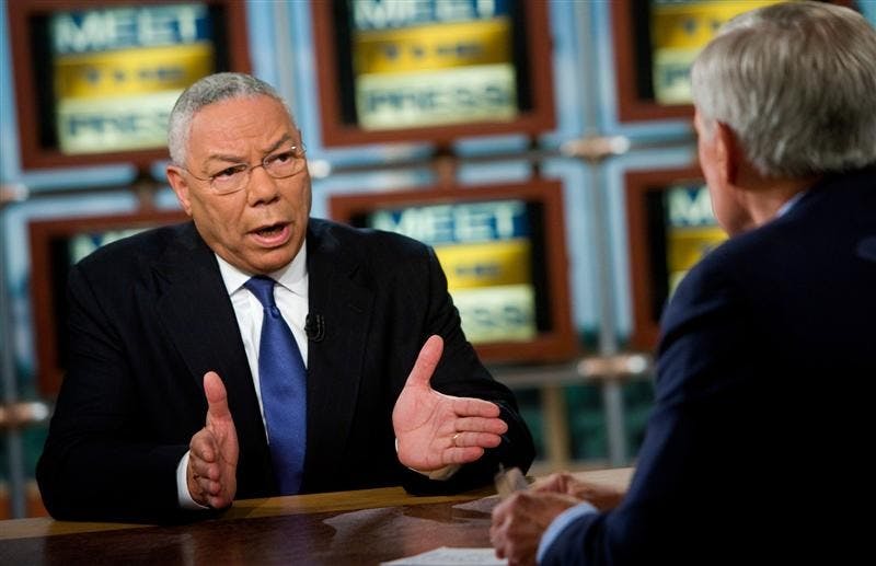 This photo provided by NBC, shows former Secretary of State Gen. Colin Powell speaking during a taping of "Meet the Press" on Sunday at NBC in Washington. Powell, a Republican who was President Bush's first secretary of state, endorsed Democrat Barack Obama for president Sunday, and criticized the tone of Republican John McCain's campaign.