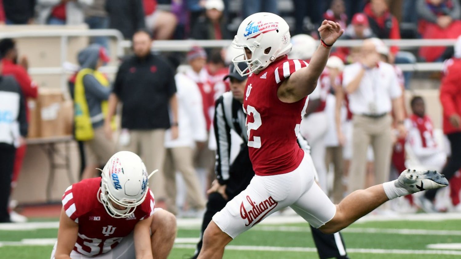 Former IU kicker Griffin Oakes kicks an extra point during the first half against Wisconsin on Nov. 4 at Memorial Stadium.