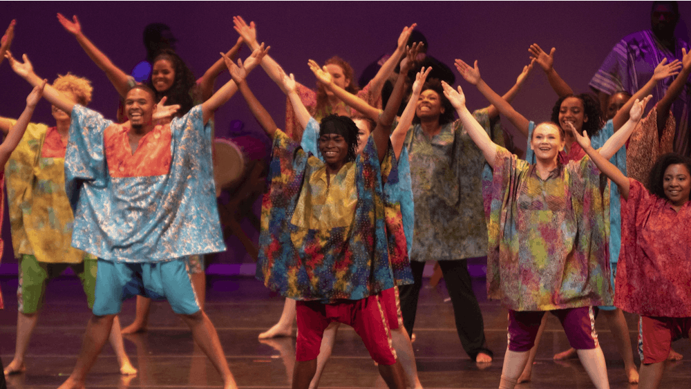 Members of the African American Dance Company pose at the end of a performance Nov. 9, 2019, at the IU Auditorium. The Potpourri of the Arts includes three student ensembles, the African American Dance Company, the African American Choral Ensemble and the IU Soul Revue, each contributing their own style and techniques in order to bring the entire ensemble together. 