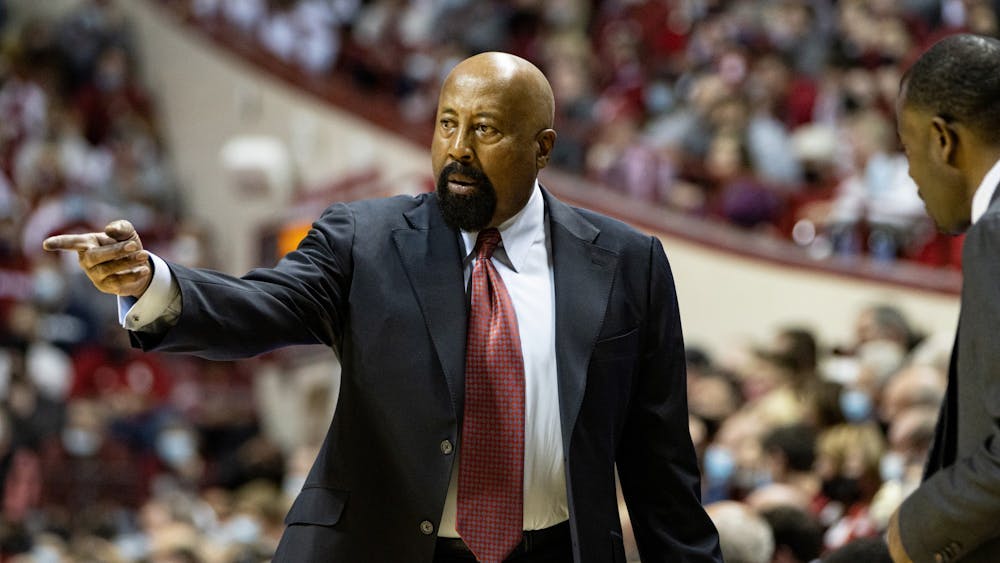 Indiana men’s basketball head coach Mike Woodson points toward the court during a game against Ohio State on Jan. 6, 2022, at Simon Skjodt Assembly Hall. Woodson and Indiana appeared in front of the media Sept. 20.