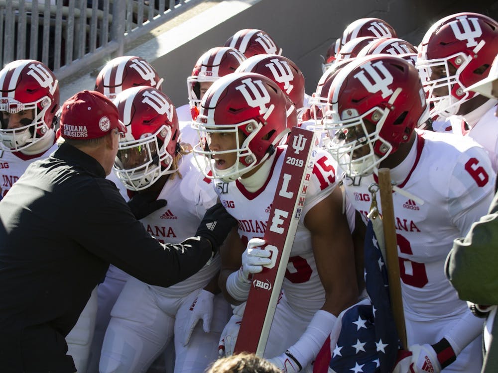 IU football head coach Tom Allen pumps his players up before a game Nov. 16, 2019, at Beaver Stadium in State College, Pennsylvania. The team&#x27;s first game this season will be Sept. 2 against Illinois.