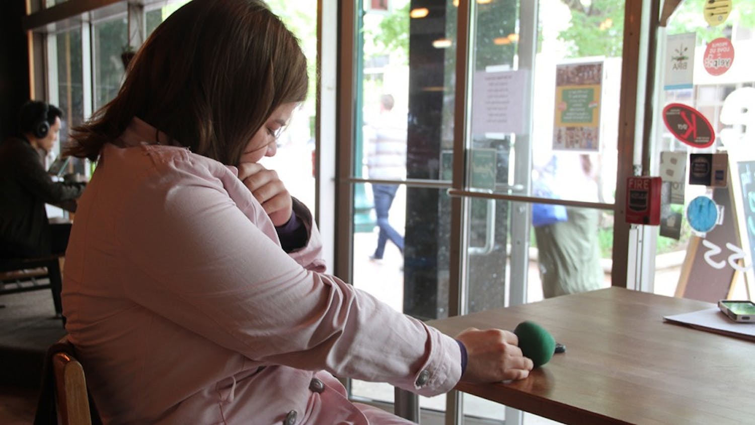 Amanda has been diagnosed with post-traumatic stress disorder, depression and anxiety, which she traces back to her father's abuse. She plays with her green stress ball when she gets anxious.