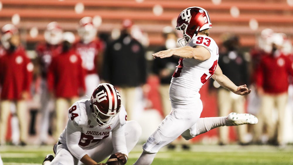 Then-sophomore, now-junior kicker Charles Campbell kicks a field goal Oct. 31, 2020, at SHI Stadium in Piscataway, New Jersey. Campbell has a career-long kick of 53 yards.
