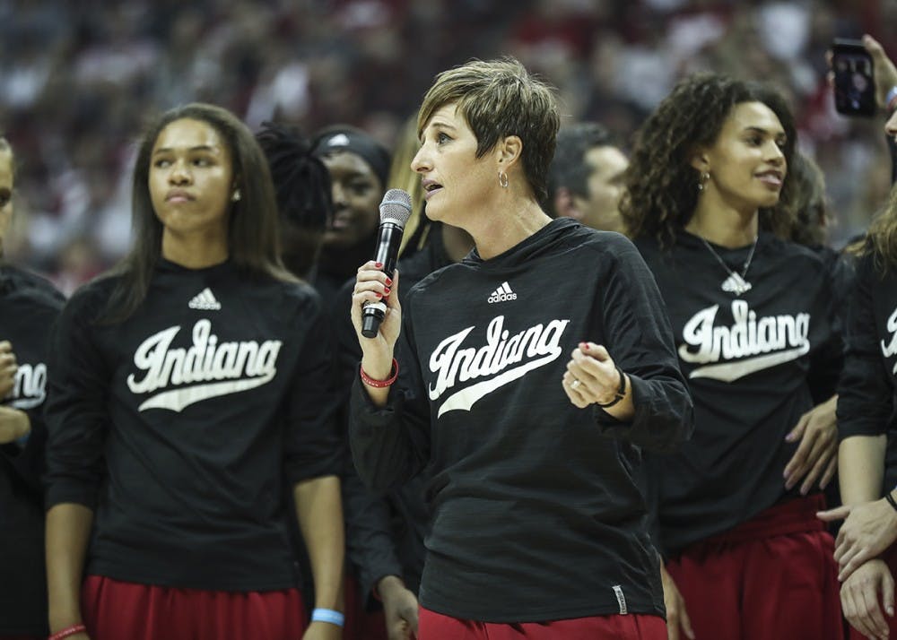 Women's Basketball Coach Teri Moren speaks to the crowd during Hoosier Hysteria on Oct. 21. The women's basketball program added three more recruits on Wednesday.