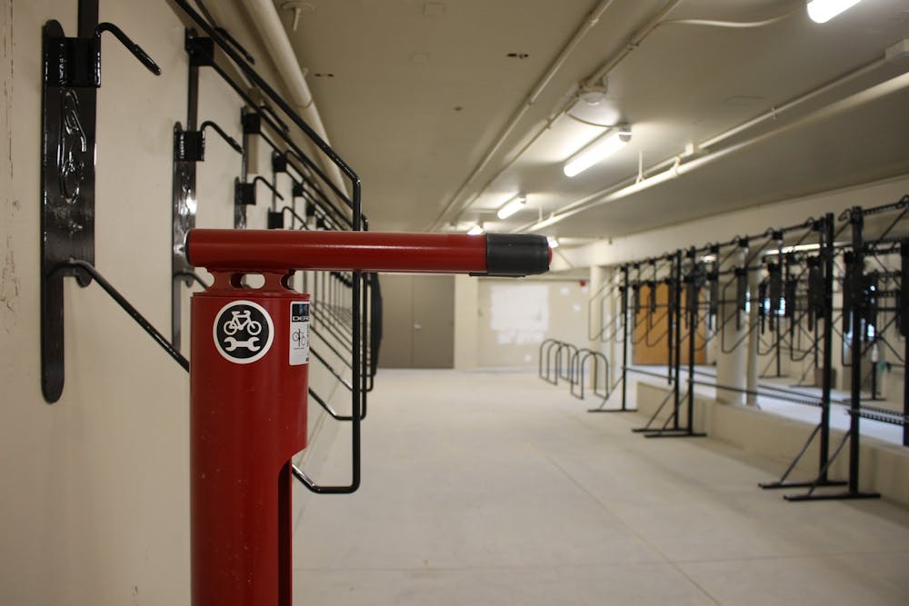 <p>IU&#x27;s new Ballantine Bike Hub appears Wednesday in the northeast corner of Ballantine Hall. The hub is a part of IU- Bloomington&#x27;s Bicycle Master Plan from 2015. </p>