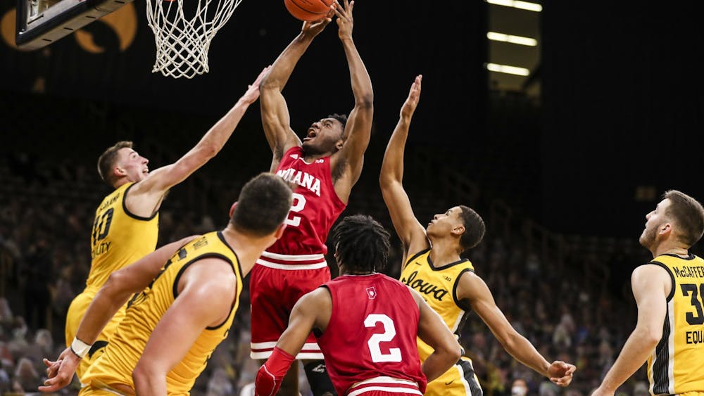 Freshman forward Jordan Geronimo makes a jump shot Jan. 21 at Carver-Hawkeye Arena in Iowa City, Iowa. Geronimo announced Thursday that he entered the NCAA transfer portal, becoming the fifth IU player to do so as of 1:30 p.m. Thursday.