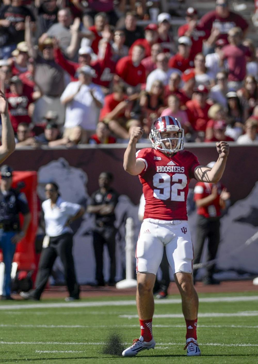 Freshman kicker Griffin Oates celebrates after kicking a 58-yard field goal against Maryland on Saturday at Memorial Stadium. 