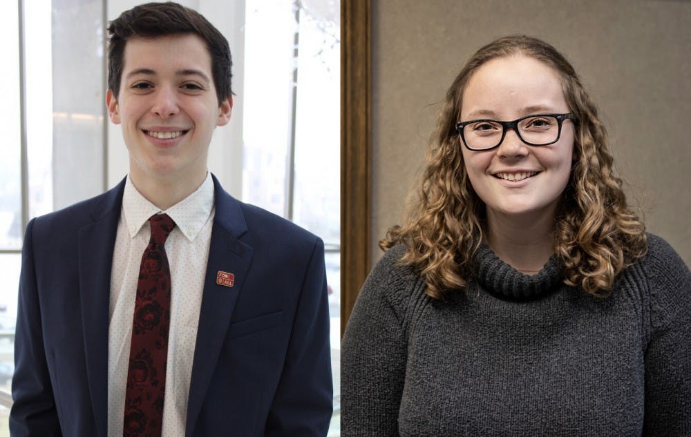 三年级学生伊莎贝尔·米什金和马特·斯坦联合竞选印第安纳大学学生会主席和副主席。他们的竞选团队叫做愿景。< / p >