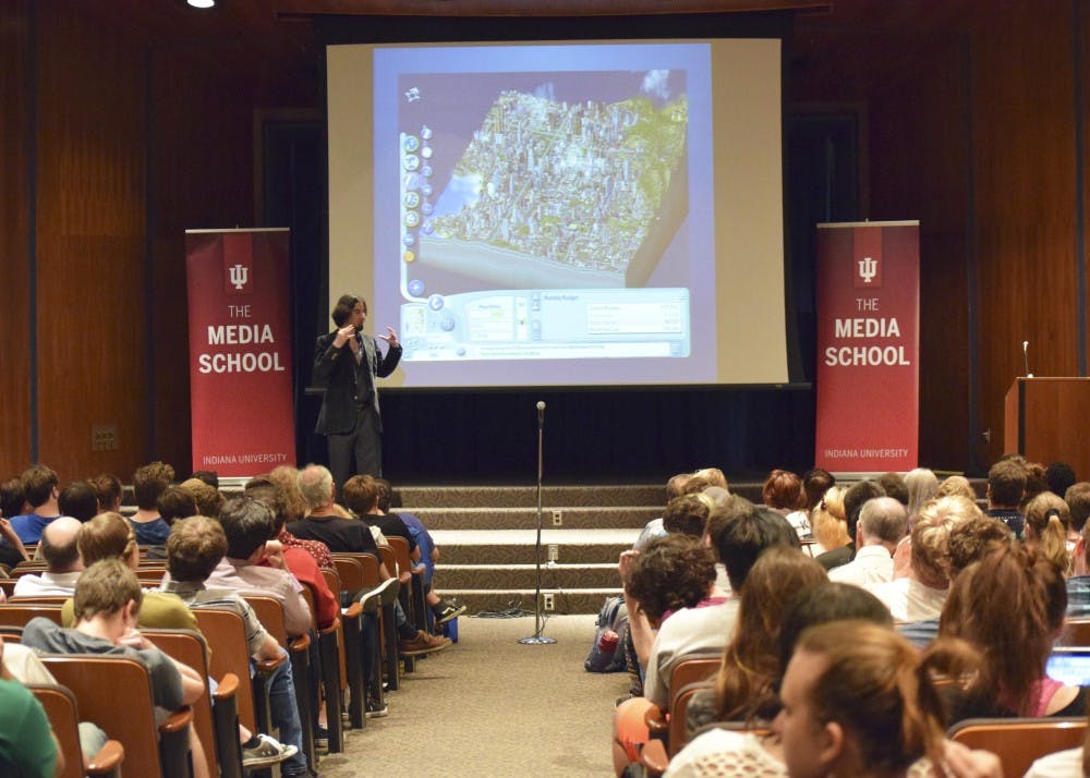 Game designer James Portnow speaks in the Whittenberger Auditorium last year as part of the IU Media School speaker series. This year, the speaker series features Bruce Joel Rubin, Paula Apsell, Douglas Hamilton and Margaret Sullivan.&nbsp;
