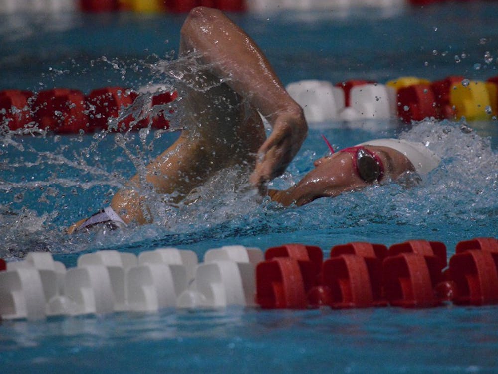 Junior Stephanie Marchuk swims the 1000 yard freestyle during the meet against Cinncinati Thursday, Oct. 1, 2015 at the Counsilman Billingsley Aquatic Center.