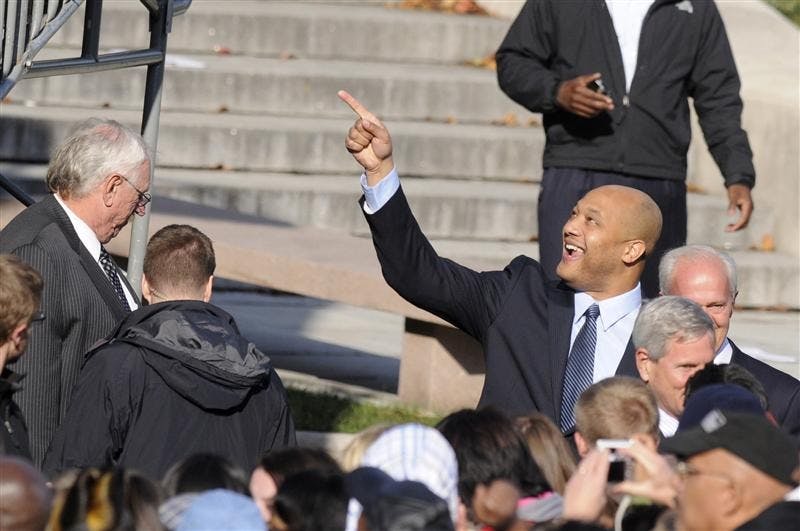 Rep. André Carson, D-7th, points to a supporter in the bleachers during a rally for democratic presidential candidate Sen. Barack Obama, D-Ill., on Thursday at the American Legion Mall in Indianapolis. Carson won the seat after a special election on March 11 after his grandmother, Rep. Julia Carson, D-7th, died on Dec. 15, 2007. He is the second Muslim to be elected to the U.S. Congress.