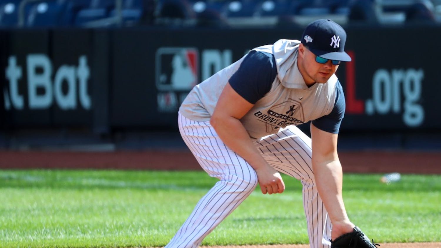 New York Yankees first baseman Luke Voit catches a ground ball Oct. 10. 
