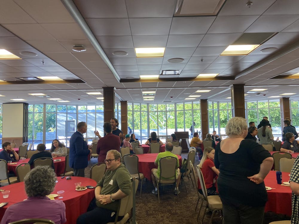 <p>Attendees gather for the LGBTQ+ Faculty and Staff Council meeting Sept. 14, 2023 in the Indiana Memorial Union Solarium. The event gave faculty and staff the opportunity to get involved with the new council that aims to serve the LGBTQ+ community on campus.</p>