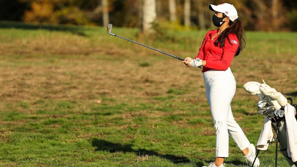 <p>Then-senior Angela Aung swings her golf club April 4, 2021, during the Indiana Spring Challenge at Covered Bridge Golf Club. Indiana will play in the Briar&#x27;s Creek Invitational on March 14-15 in Johns Island, South Carolina. </p>