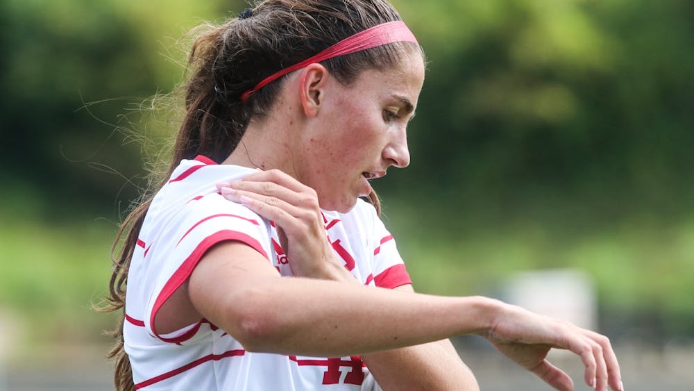 Sophomore forward Anna Bennett fixes her sleeve Oct. 3, 2021, in Bill Armstrong Stadium. Indiana and Michigan drew 0-0 after the game was called due to bad weather.