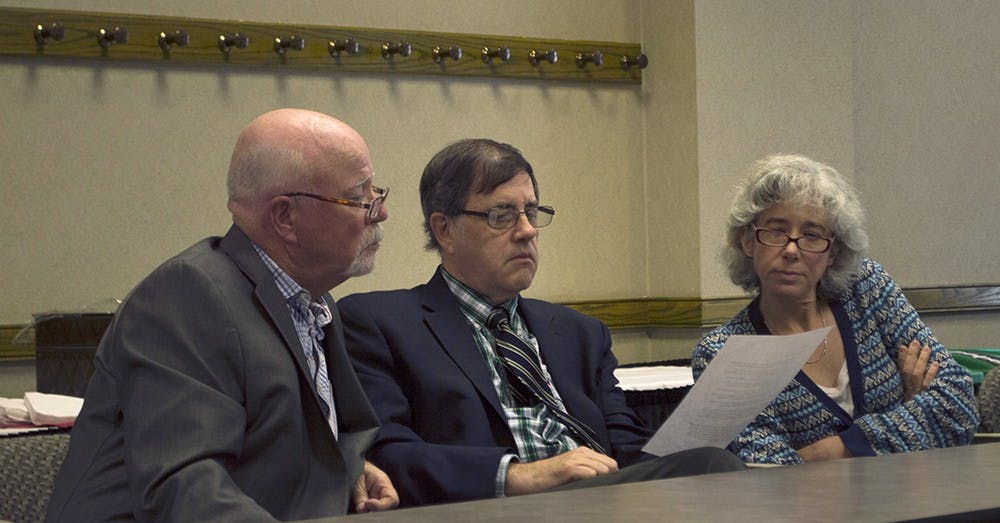 Professors Stephen Watt, John Lucaites, and Deborah Cohn discuss the new positions of Associate Vice President for Research and IU Bloomington Vice Provost for Research at the Town Hall meeting on Monday at the Indiana Memorial Union.