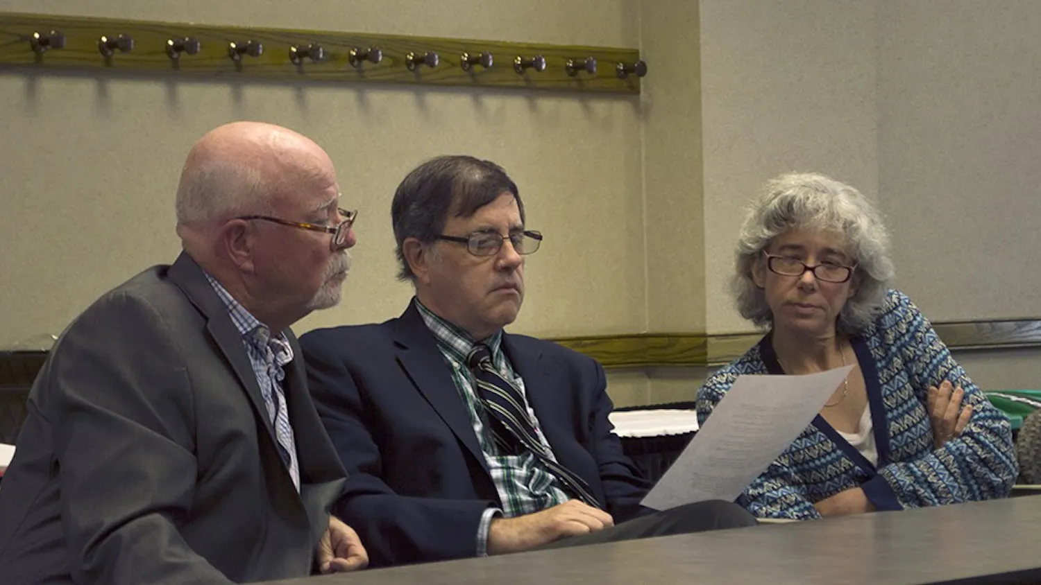 Professors Stephen Watt, John Lucaites, and Deborah Cohn discuss the new positions of Associate Vice President for Research and IU Bloomington Vice Provost for Research at the Town Hall meeting on Monday at the Indiana Memorial Union.