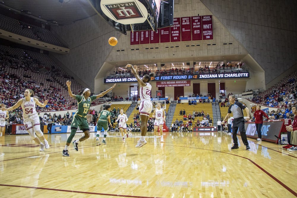 <p>Sophomore guard Chloe Moore-McNeil shoots the basketball against Charlotte on March 19, 2022, at Simon Skjodt Assembly Hall. Indiana women&#x27;s basketball travels to face Penn State on Dec. 8.</p>