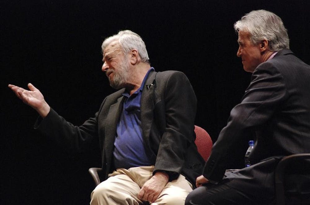 Playwright Stephen Sondheim talks with the audience and Scott Simon of National Public Radio on Thursday evening at the IU Auditorium. Sondheim learned his trade from noted musical writer Oscar Hammerstein. "To the day he died, I brought him everything I wrote," he said. "In essence, he taught me everything I know."