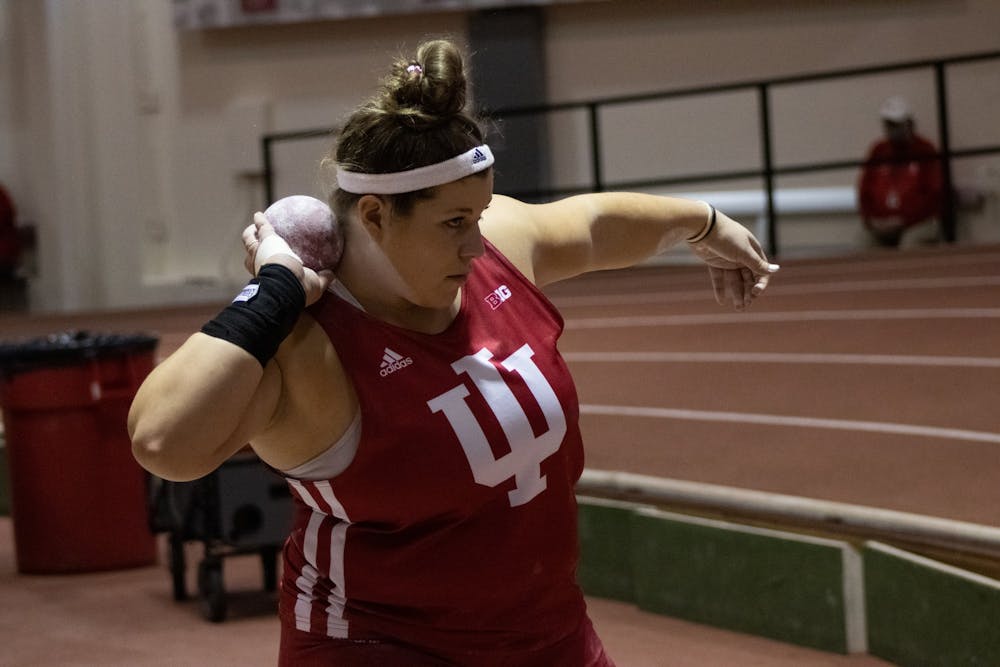 <p>Senior Maddy Pollard competes in the shot put event at the Hoosier Hills meet Feb. 11, 2022, at Harry Gladstein Fieldhouse. Pollard and sophomore Jaden Ulrich competed in the Toyota USATF Outdoor Championships in Eugene, Oregon, over the weekend.</p><p></p>