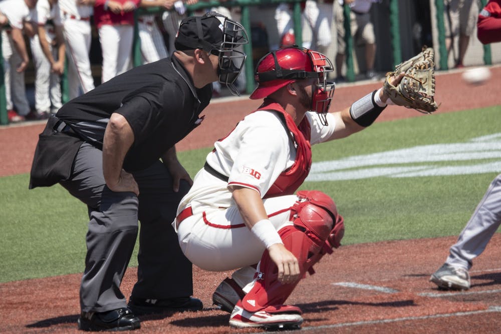 <p>Then-senior catcher Ryan Fineman prepares to catch the ball May 18, 2019, at Bart Kaufman Field. Louisiana State University defeated IU in two of the three games played this weekend.</p>