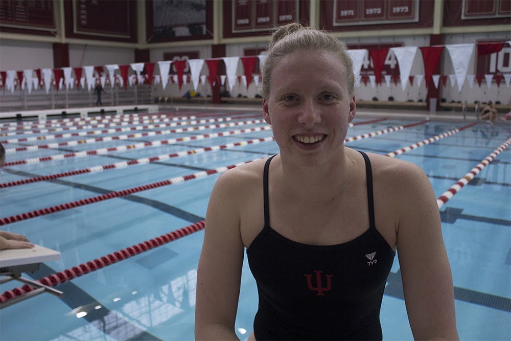 Freshman Lilly King at practice Dec. 7, 2015. King won both the 100 and 200 yard breaststroke at the NCAA Championships last week in Atlanta, Georgia, setting new NCAA and American records in both events. King was the first woman to break the 57-second barrier in the 100-yard breaststroke with a time of 56.85. She scored another NCAA and American record in the 200-yard breaststroke with a time of 2:03.59.