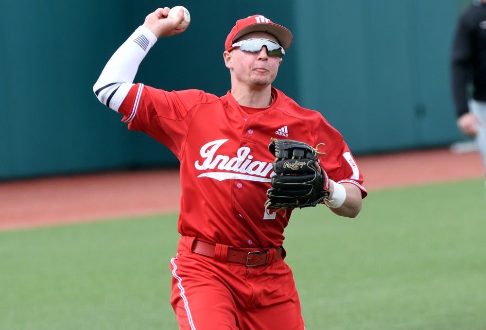 <p>Freshman Cole Barr looks to throw to first base against Purdue on April 8 at Bart Kaufman Field. Barr is playing Amsterdam Mohawks this summer.</p>