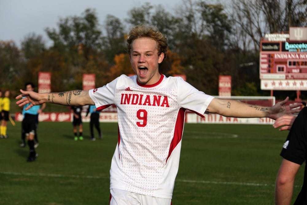 <p>Then-freshman forward Samuel Sarver celebrates the win against Northwestern in the semifinals of the Big Ten Men’s Soccer Tournament Nov. 10, 2021, at Bill Armstrong Stadium. Indiana men&#x27;s soccer will move on to compete in the NCAA College Cup beginning Dec. 9.</p>
