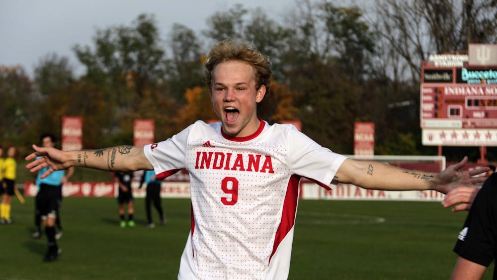 Then-freshman forward Samuel Sarver celebrates the win against Northwestern in the semifinals of the Big Ten Men’s Soccer Tournament Nov. 10, 2021, at Bill Armstrong Stadium. Indiana men&#x27;s soccer will move on to compete in the NCAA College Cup beginning Dec. 9.