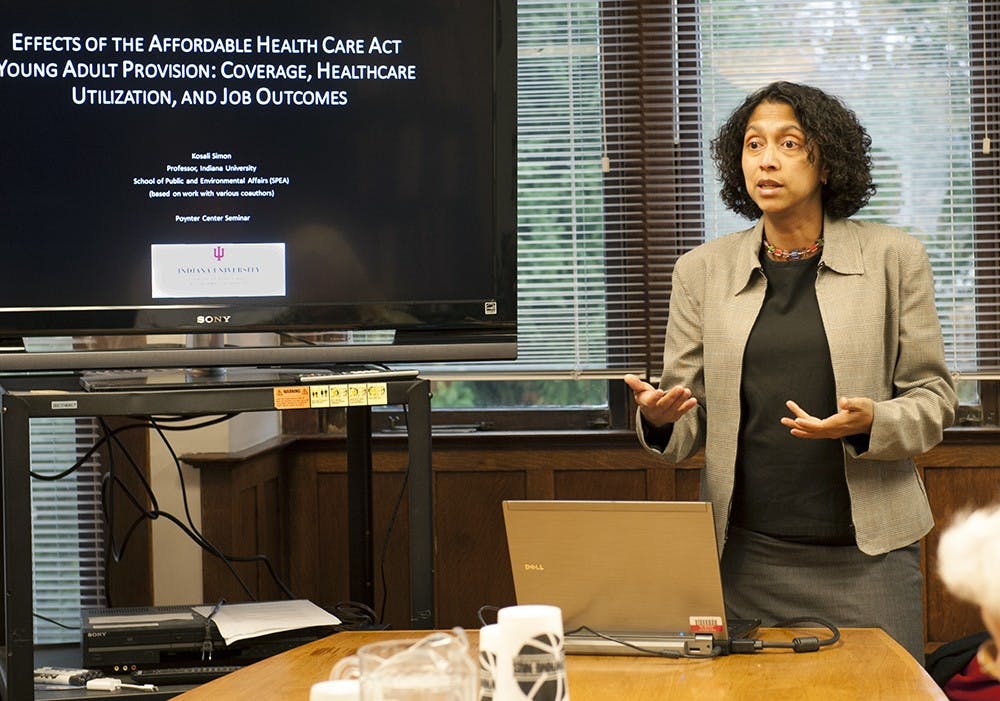 Kosali Simon, Professor of Public and Environmental Affairs, speaks at the Poynter Center on Wednesday. The talk addressed how the Affordable Care Act affects young adults.