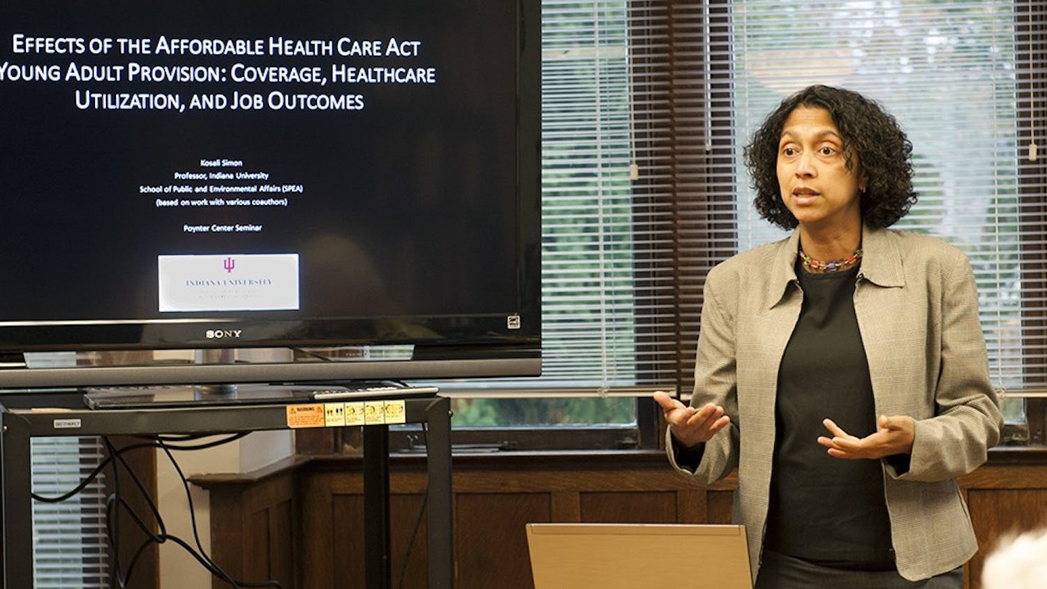 Kosali Simon, Professor of Public and Environmental Affairs, speaks at the Poynter Center on Wednesday. The talk addressed how the Affordable Care Act affects young adults.