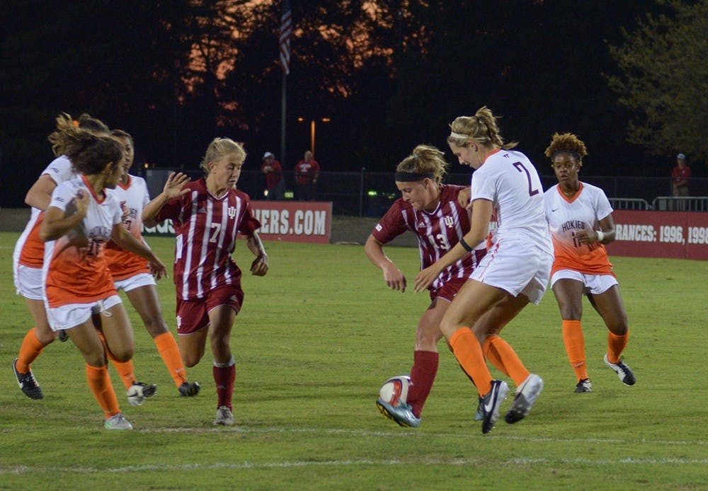 Freshman forward Maya Piper works through the Virginia Tech defense on August 21 at Bill Armstrong stadium. Virginia Tech defeated IU 1-2.
