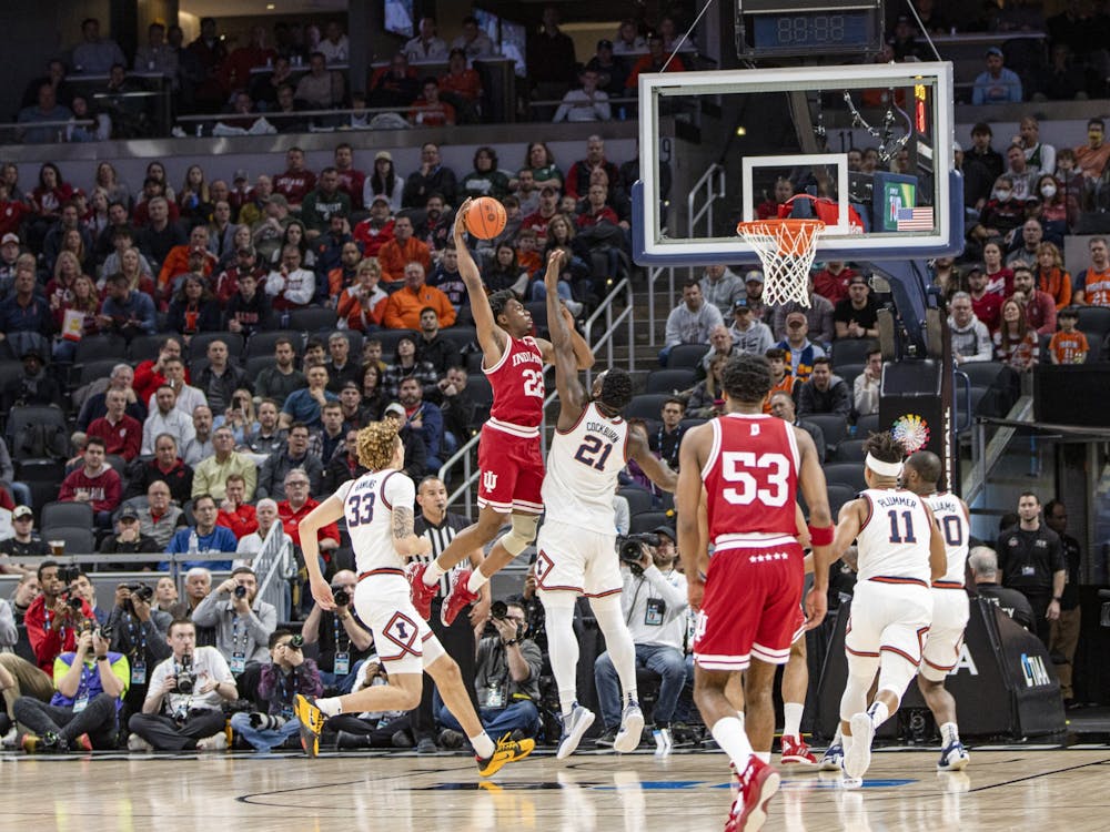Sophomore forward Jordan Geronimo attempts a dunk during the Big Ten Tournament quarterfinal on March 11, 2022, at Gainbridge Fieldhouse. Indiana beat Illinois 65-63 Friday. 