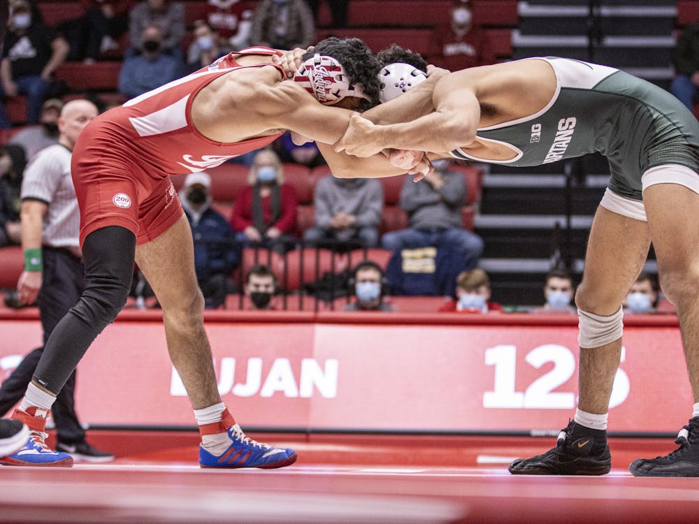 Indiana sophomore Jacob Moran wrestles against Michigan State sophomoreTristian Lujan on Jan. 17, 2022, at Wilkinson Hall. Indiana lost to Michigan State 17-15.