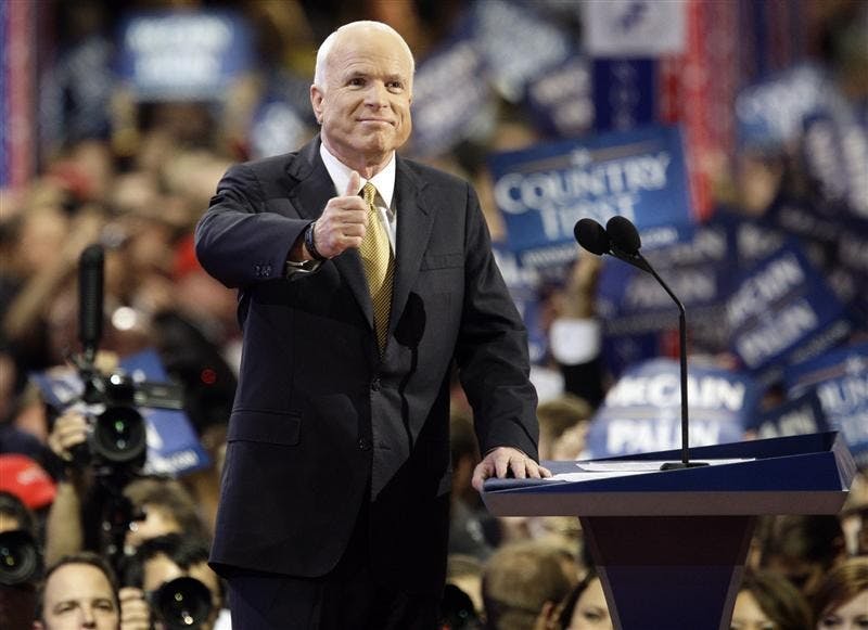 Republican presidential candidate John McCain gives a thumbs up before his speech at the Republican National Convention on Thursday night in St. Paul, Minn.