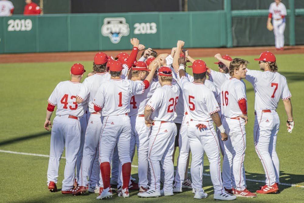 <p>IU baseball huddles up prior to ﻿its home opener against Miami University on March 1, 2022, at Bart Kaufman Field. Indiana lost in the first round of the Big Ten Tournament on Thursday. </p>