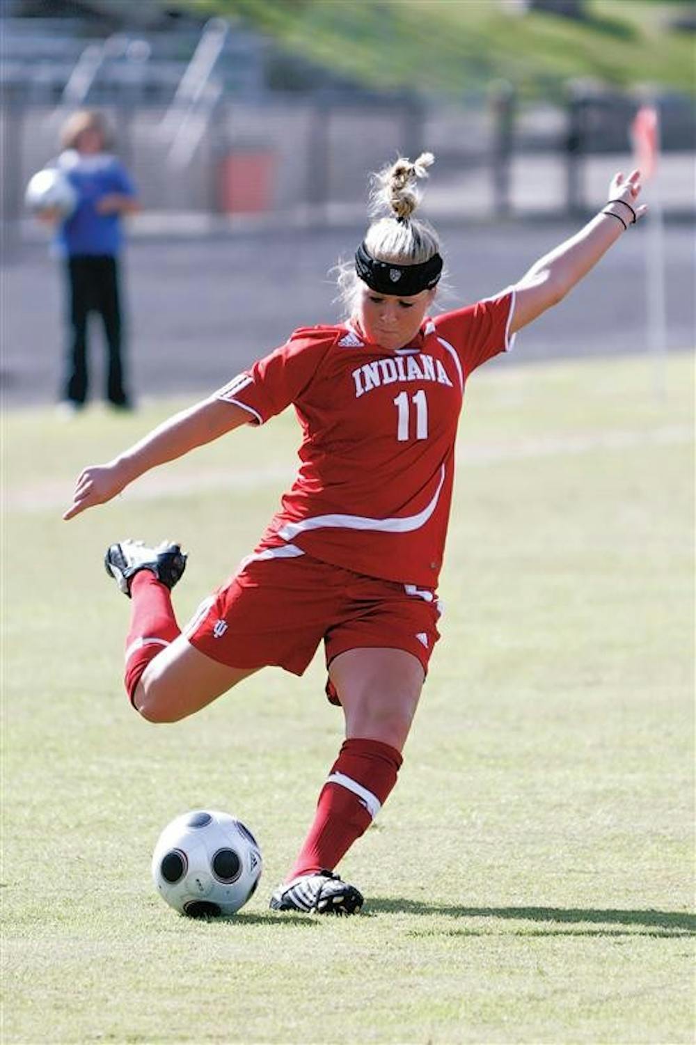 Junior forward Kristin Arnold winds up for a kick during the Hoosiers 1-0 win over Michigan Sunday afternoon at Bill Armstrong Stadium. Arnold scored the lone goal of the game in the 47th minute.