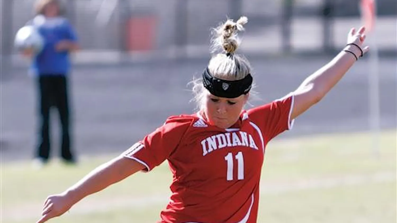 Junior forward Kristin Arnold winds up for a kick during the Hoosiers 1-0 win over Michigan Sunday afternoon at Bill Armstrong Stadium. Arnold scored the lone goal of the game in the 47th minute.