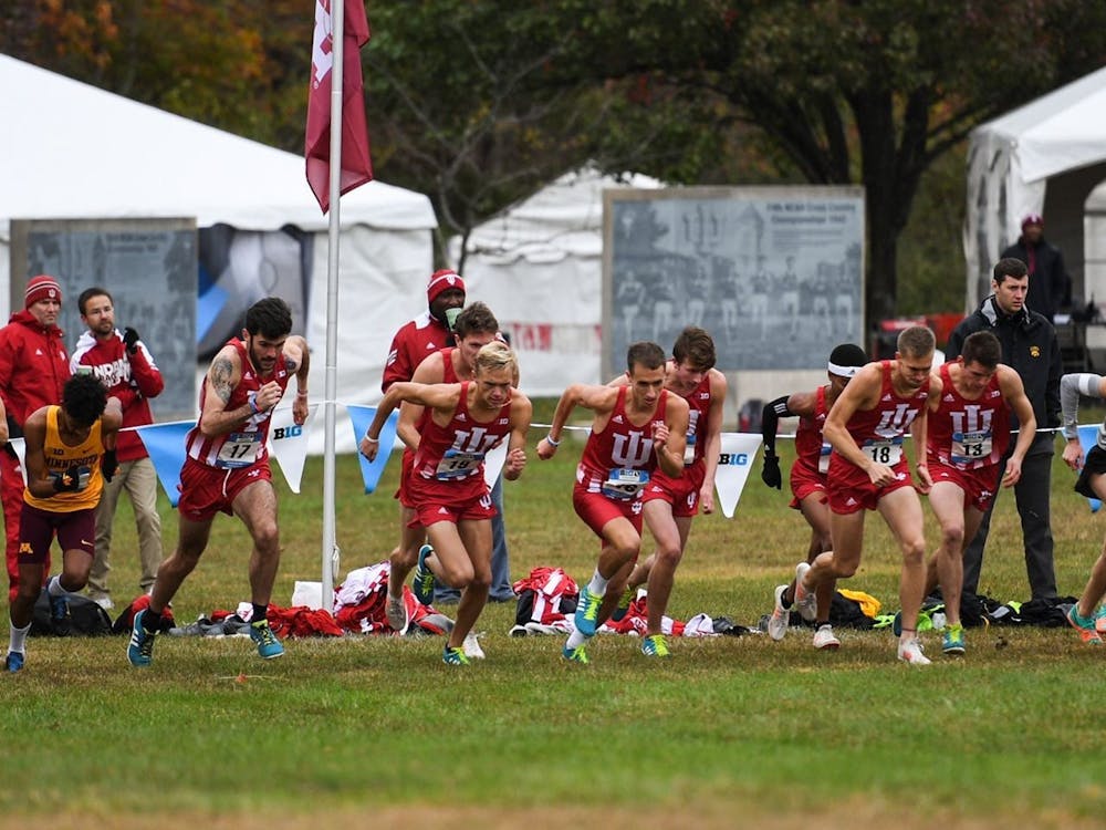 Indiana men&#x27;s cross country runners start the race at the Big Ten Cross Country Championships on Oct. 28, 2018, in Lincoln, Nebraska. The Indiana cross country teams host the Hoosier Invitational Friday.