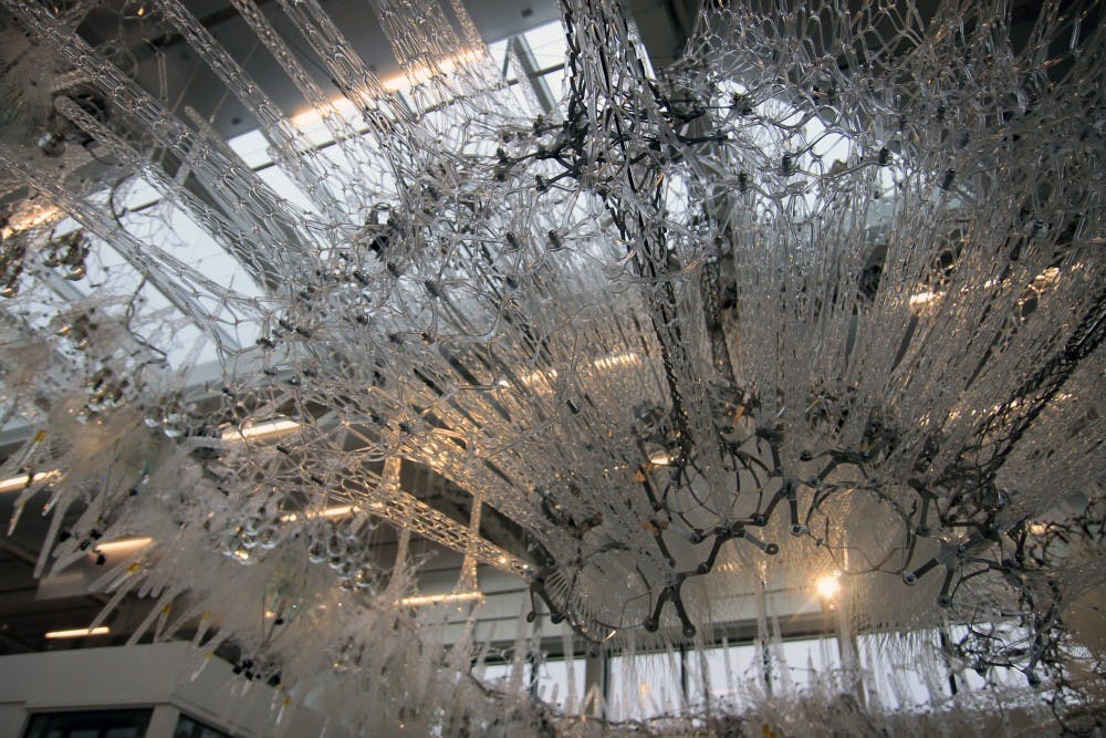 <p>"Amatria" is a luminous and interactive sculptural landscape located in the atrium of Luddy Hall. The sculpture is comprised of 3D-printed formations and mesh-like canopies filled with pulsing mechanisms.&nbsp;</p>