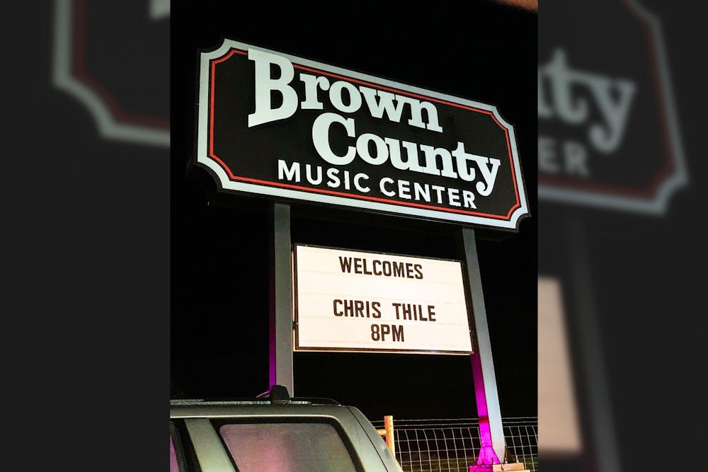 Signage for the Chris Thile concert is seen on Oct. 3, 2021, at Brown County Music Center in Nashville, Indiana.