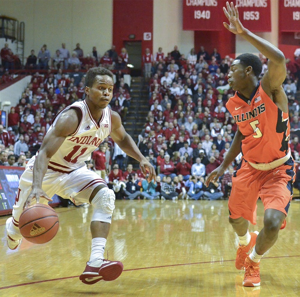 Senior guard Kevin "Yogi" Ferrell takes the ball down the court against Illinois on Tuesday at Assembly Hall. The Hoosiers won 103-69.
