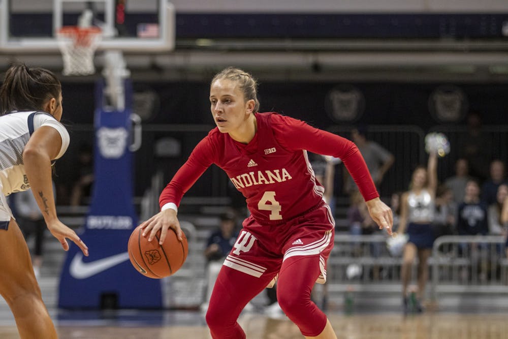 <p>IU graduate student guard Nicole Cardaño-Hillary attempts to dribble around a defender during the game against Butler University on Nov. 10, 2021, at Hinkle Fieldhouse. Indiana defeated Penn State 70-40 Monday.</p>