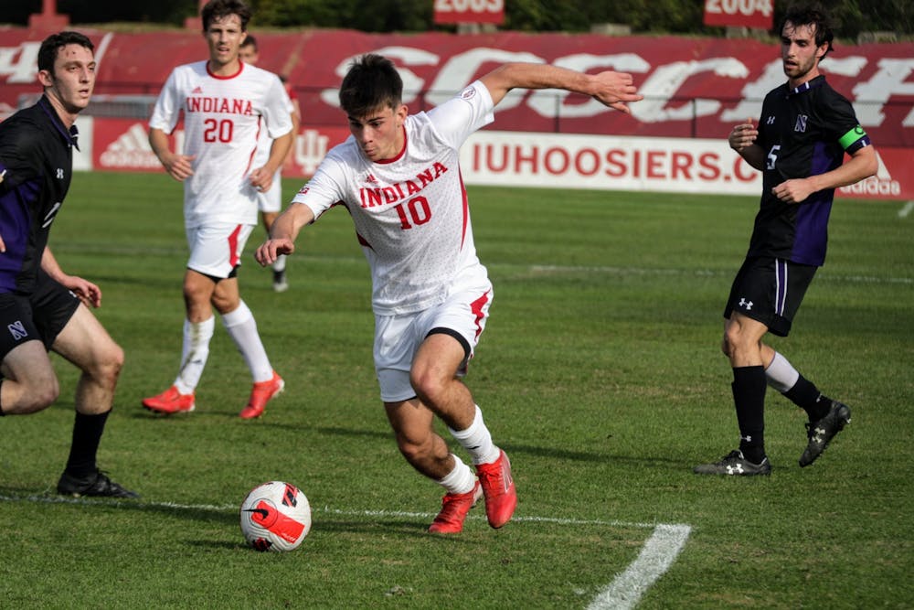 <p>Freshman forward Tommy Mihalic possesses the ball in a game against Northwestern on Nov. 10, 2021, at Bill Armstrong Stadium. Indiana men&#x27;s soccer will play Penn State in the Big Ten Tournament Championship game Sunday in University Park, Pennsylvania.</p>