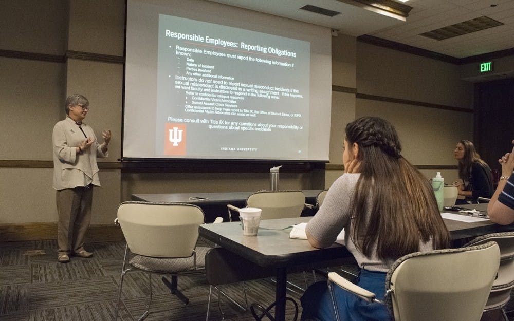 Associate Dean of Students Carol McCord speaks on the topic of stopping sexual misconduct at IU Tuesday afternoon in the IMU. The discussion session covered the resources available at IU for handling cases of sexual misconduct. 