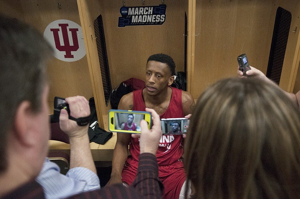 Junior forward Troy Williams talks to the media during the NCAA Tournament press time before the Kentucky game Friday at the Wells Fargo Arena in Des Moines, Iowa.