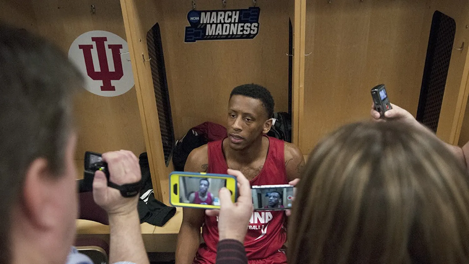 Junior forward Troy Williams talks to the media during the NCAA Tournament press time before the Kentucky game Friday at the Wells Fargo Arena in Des Moines, Iowa.