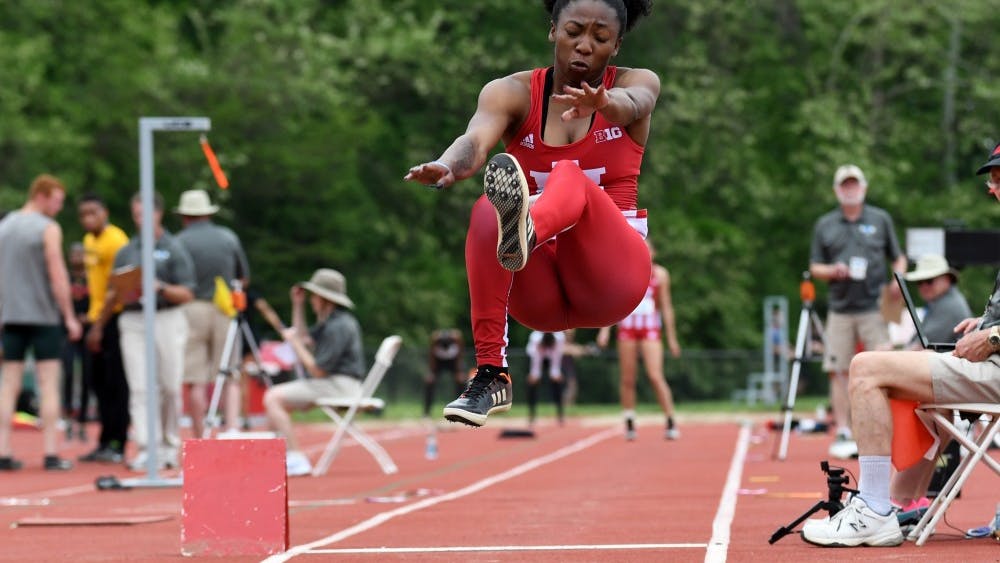 Junior Aaliyah Armstead competes in the long jump Saturday afternoon during the Big Ten Outdoor Track and Field Championships&nbsp;at Robert C. Haugh Track and Field Complex. Armstead finished third in the event with a jump of 6.30 meters.