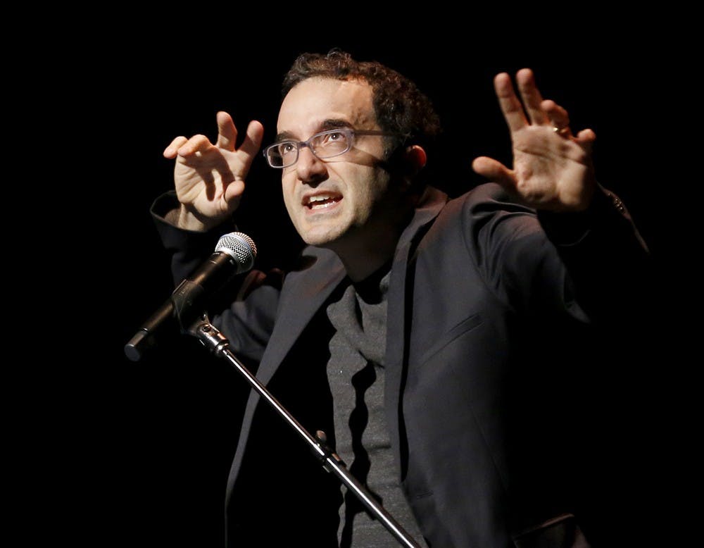 Jad Abumrad tell his radio experience to audiecnes Monday at the Buskirk-Chumley Theater. Abumrad is a host and a producer of Radiolab. The IU Media School invited Abumrad at its speaker series. 