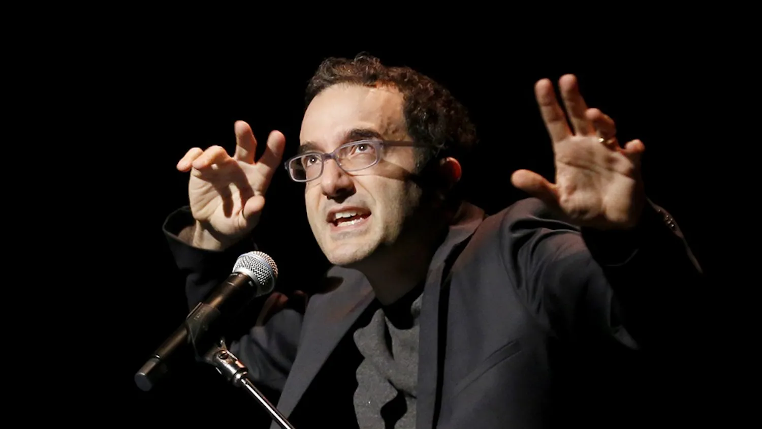 Jad Abumrad tell his radio experience to audiecnes Monday at the Buskirk-Chumley Theater. Abumrad is a host and a producer of Radiolab. The IU Media School invited Abumrad at its speaker series.